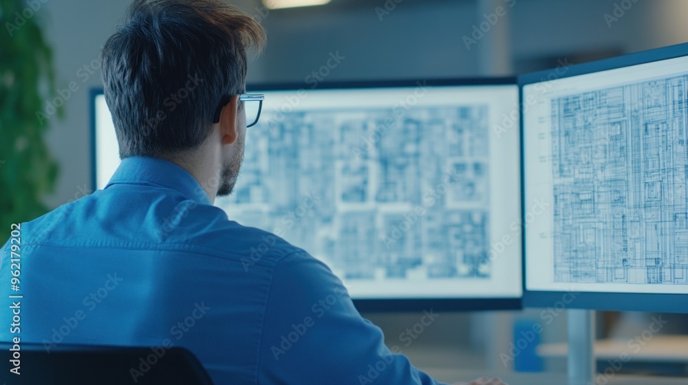 Poster engineer analyzing cad model for performance optimization, modern workspace, 3d illustration