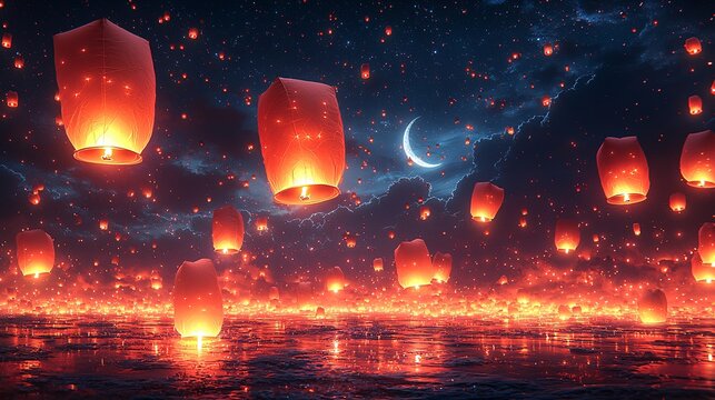 Hundreds of lanterns floating into the night sky