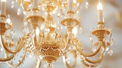 A gold-toned chandelier set against a white background, designed for apartment decor.