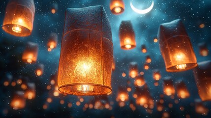 Hundreds of lanterns floating into the night sky