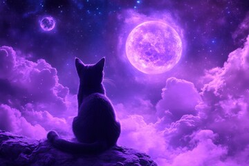Mystical night with cat silhouetted moonlit sky