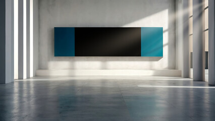 the sun shines into a bold marble hall with an extremely large painting in black and turquoise hanging on the wall