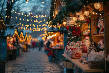 Obraz premium A Festive Christmas Market Stall Beckons with Delights, its Warm Lights Illuminating the Cozy Atmosphere.