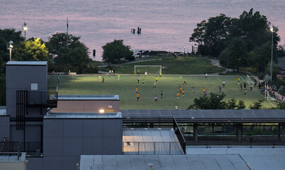 BIP field with east river and nyc skyline in the background (bushwick inlet park soccer field next...