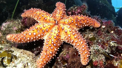   A close-up image of a starfish resting on coral amidst various sea creatures in the background