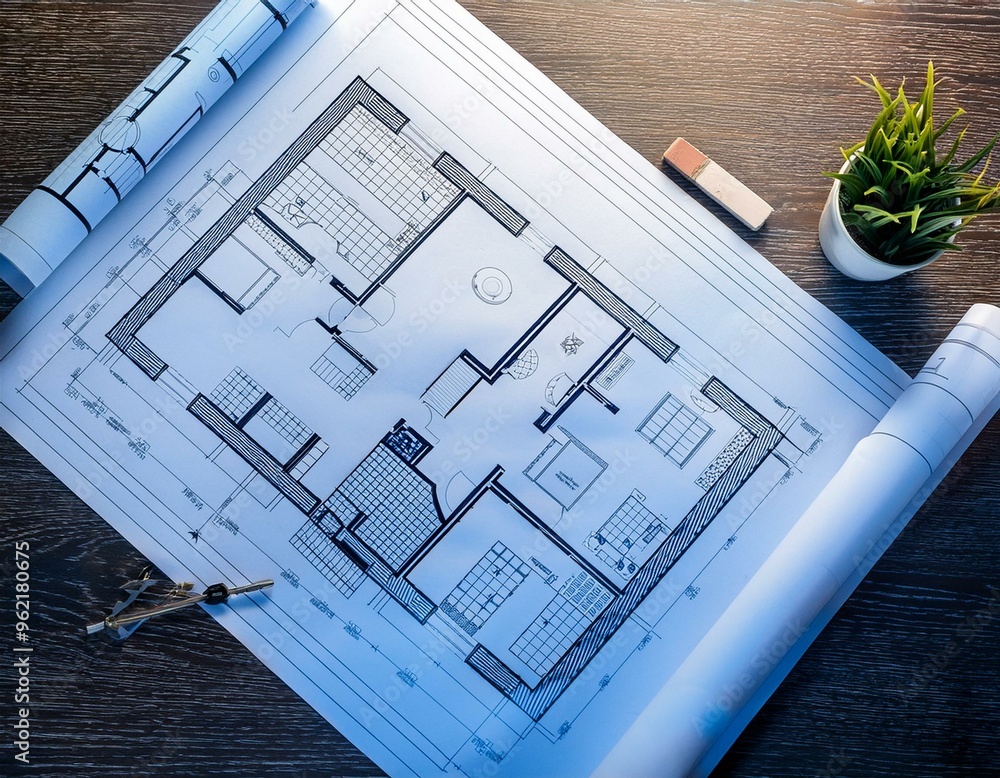 Wall mural blueprint floor plan architectural project on the table