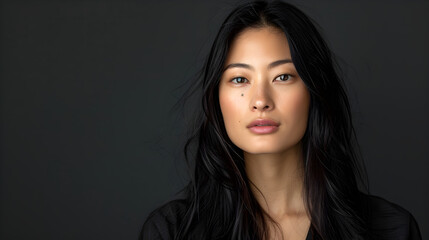 Fototapeta premium female oriental beauty with naytural complexion, long shiny hair professional makeup, smooth skin posing with soft expression