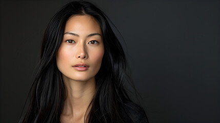 Fototapeta premium portrait of asian beauty with glowing complexion, long shiny hair natural makeup, smooth skin posing elegantly