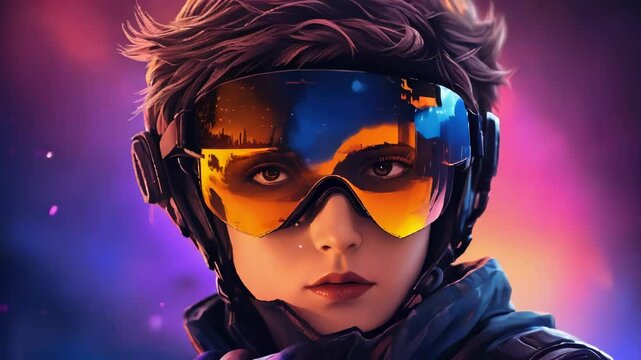 Cyberpunk Girl with Orange Eyes in Futuristic Goggles