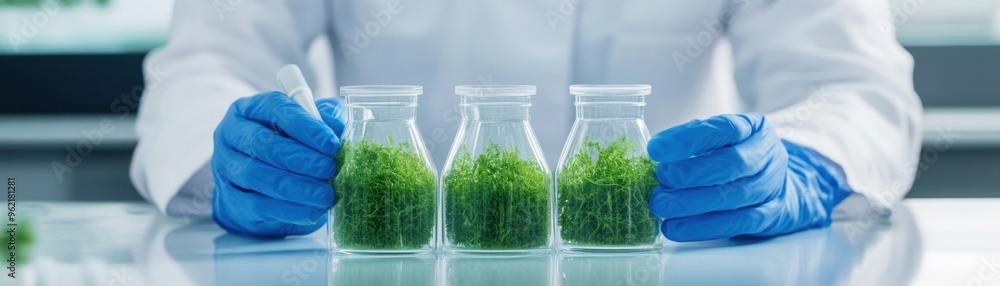 Poster eco-friendly product prototype displayed in a futuristic lab, engineer making final adjustments, gre