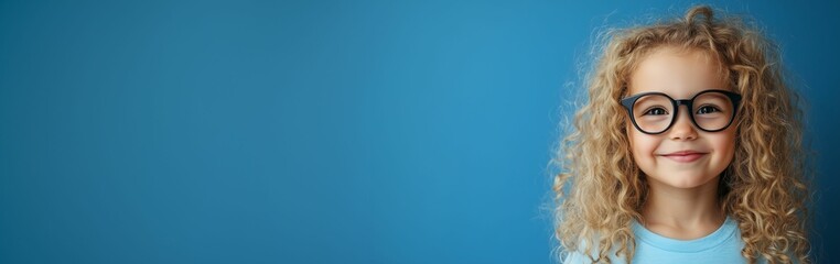 Obraz premium Happy little curly blond girl with big eyeglasses. Isolated on solid blue background.
