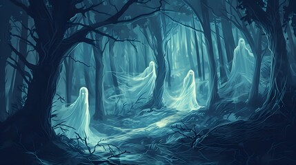 Nightmarish illustration of a haunted forest with ghostly apparitions and dark shadows