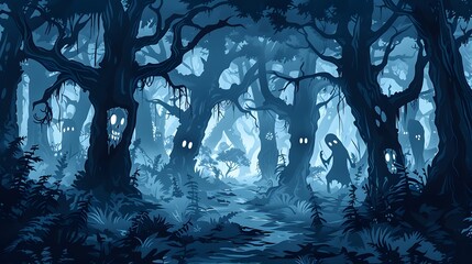 Nightmarish illustration of a haunted forest with ghostly apparitions and dark shadows