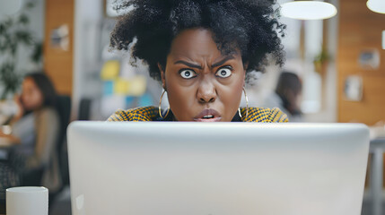 overworked stressed female black businesswoman at office with afro hairstyle trying to reach deadline
