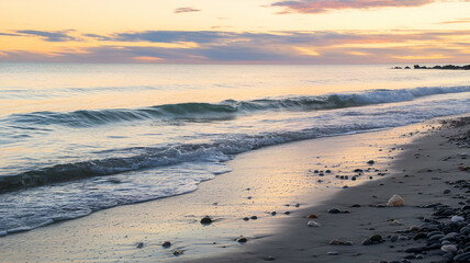 Tranquil Beach at Sunset with Golden Sky  Soft Waves and Calm Waters Reflecting Pink and Gold Hues  Serene Seaside Escape