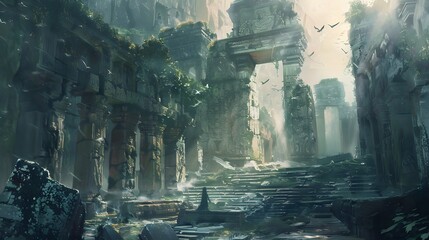 Fantastical ruins with enchanted creatures exploring ancient ruins
