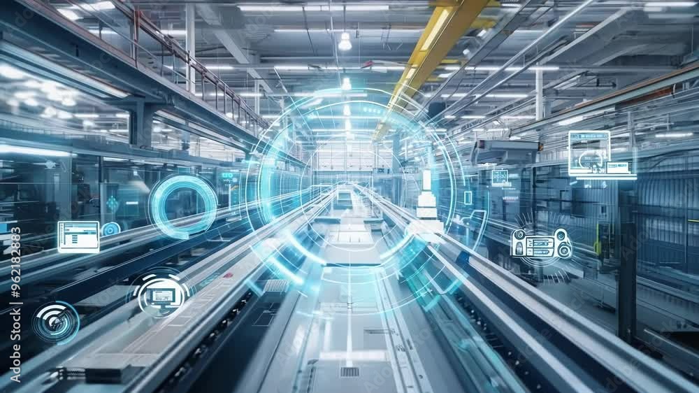 Poster advanced industrial conveyor system in a factory, showcasing automation and data exchange with integ