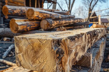 Carpenter constructs log cabin with rough beams using traditional techniques like mortising and axing