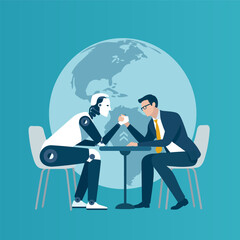 Duel. Artificial intelligence compares power against human. Concept business vector illustration

