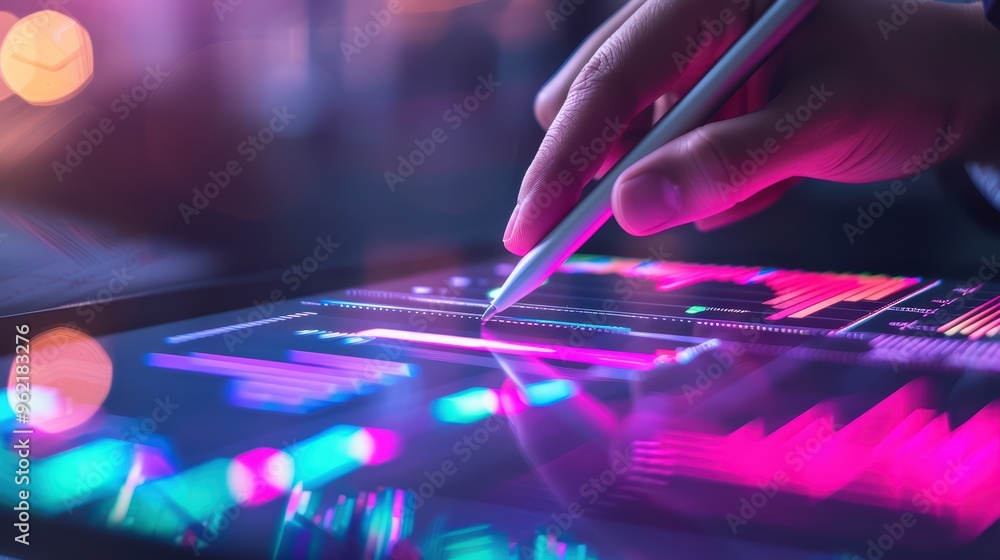Poster a close-up of a hand using a stylus on a vibrant tablet screen displaying data analytics and dynamic