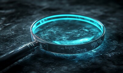 Glowing Blue Ringed Magnifying Glass on Dark Surface