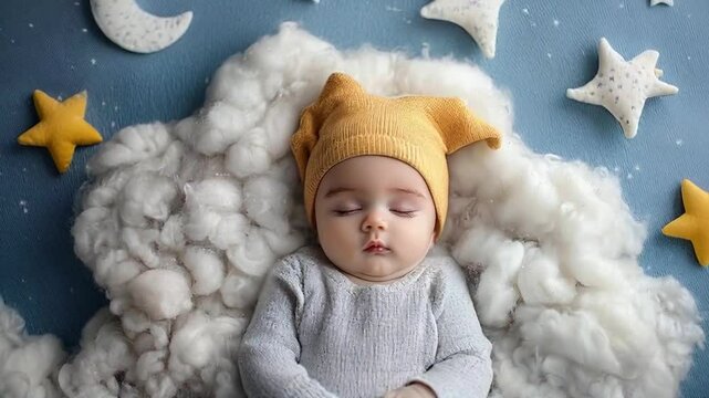 Sleeping baby wearing a yellow hat, resting on a fluffy cloud with stars and moon decorations, set against a blue background