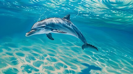 Obraz premium Naturalistic painting of a dolphin swimming in a clear blue sea