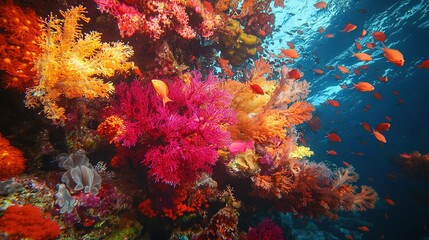   Coral Reef with colorful corals & small fish, in sunny conditions, in Ocean