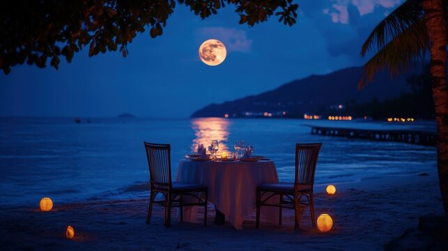 romantic beach dinner, romantic beachside dinner for two under moonlit skies, set with a serene table arrangement, offering a magical ambiance