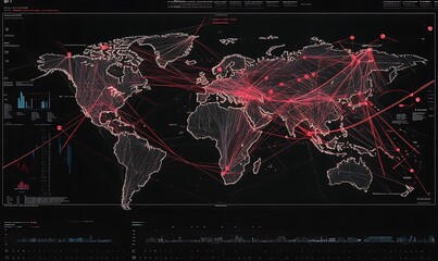 Global Network Map with Red Lines Connecting Cities and Data Displays