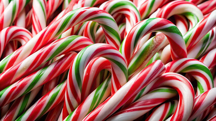 Close-up of red, green, and white Christmas candy canes..