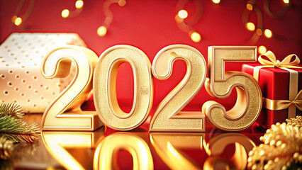 Gold 2025 numbers with festive lights and holiday decorations..