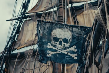 Close up of authentic Jolly Roger flag on old pirate ship