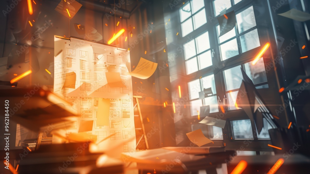 Poster a dynamic workspace with flying papers, illuminated by sunlight through large windows, showcasing cr