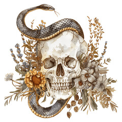 Vintage botanical illustration of intertwined snake and an antique skull adorned with dried flowers and herbs