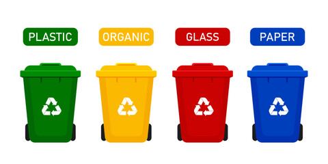 Plastic trash cans with texts. Vactor illustration. Isolated on a white background. Vector illustration in flat style.