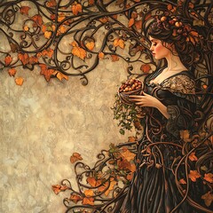 A graceful woman adorned with autumn foliage holds a basket of harvest, embodying nature's beauty and seasonal bounty.