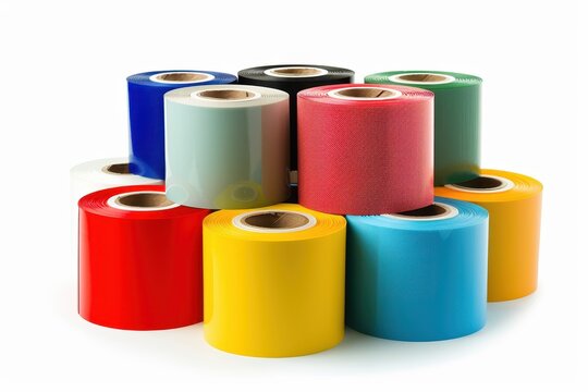 Color label rolls on white background with shadow reflection Labels for printers for direct thermal or thermal transfer printing Square and ci