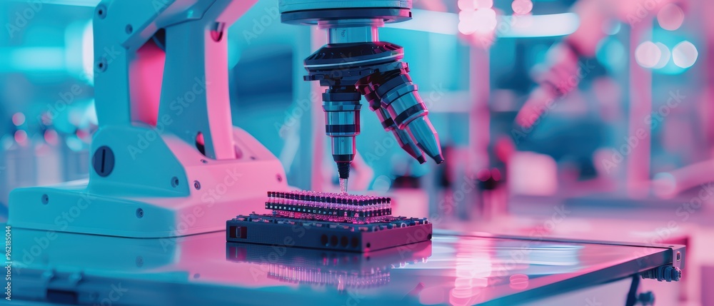 Aufkleber a futuristic laboratory scene featuring an advanced microscope and robotic arm in vibrant neon color