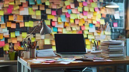 A busy office desk completely covered in a variety of post-it notes with a laptop computer and a stack of documents. 