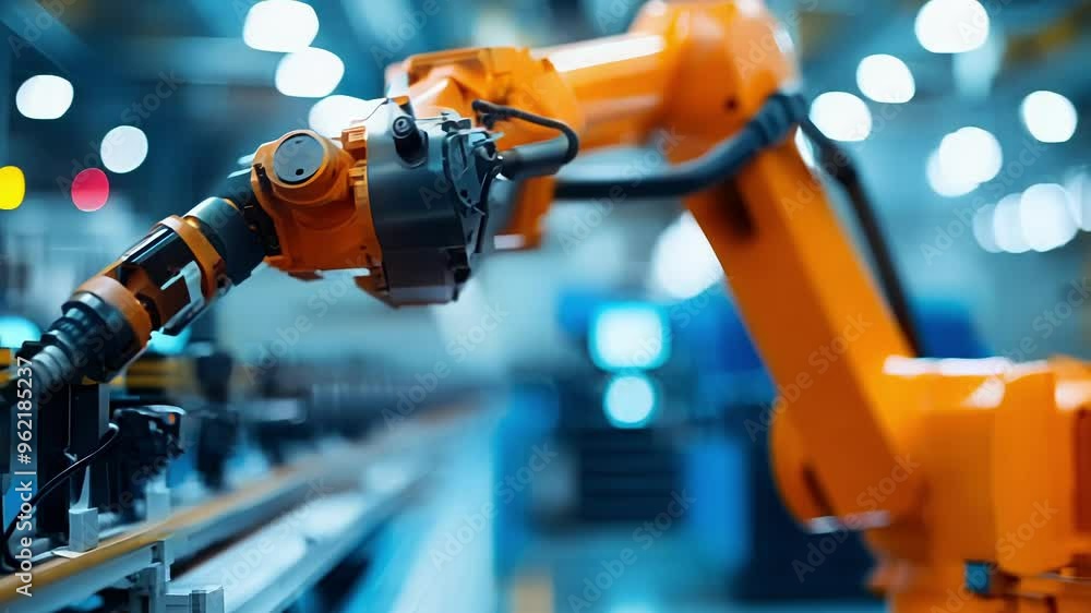 Poster orange robotic arm works efficiently in a high tech factory, showcasing advanced automation and prec