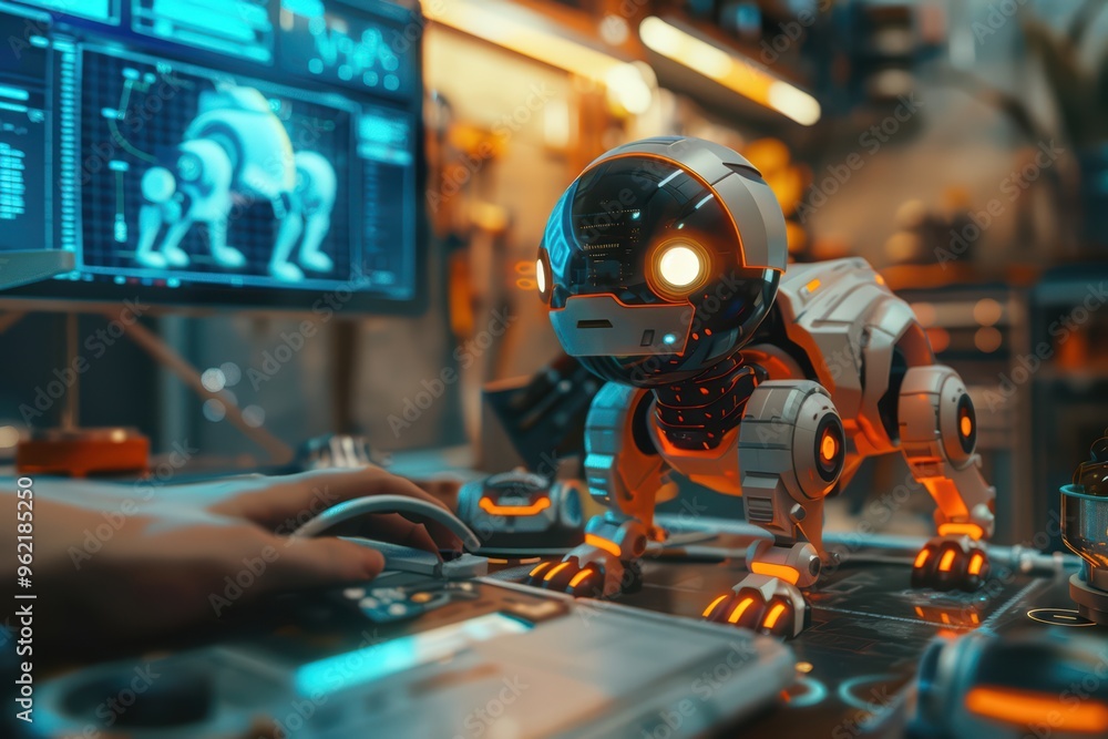 Poster a futuristic robotic dog interacts with technology, showcasing innovation in robotics and ai develop