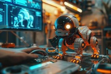A futuristic robotic dog interacts with technology, showcasing innovation in robotics and AI development in a modern lab environment.
