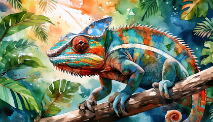 Obraz premium Vibrant chameleon illustration with lush foliage backdrop. Generative AI
