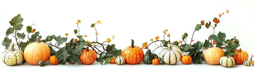 Obraz premium A vibrant display of assorted pumpkins and gourds, perfect for autumn decoration and festive seasonal themes.