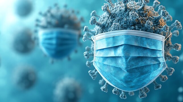A blue surgical face mask covers a 3D model of a coronavirus. - Powered by Adobe