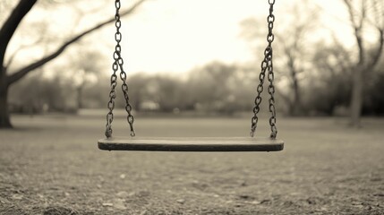 deserted playground, an abandoned swing swaying alone in the wind at a deserted playground, reflecting the solitude of childhood reminiscences
