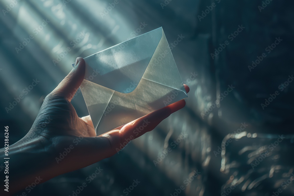 Poster a hand holds a translucent envelope, illuminated by soft rays of light, creating a serene and contem