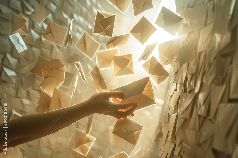 Poster a hand reaches for a floating envelope amidst a cascade of illuminated paper envelopes, symbolizing 