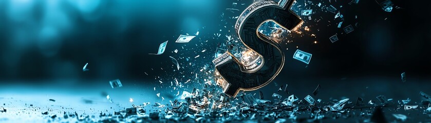 Naklejka premium An abstract representation of money and wealth, featuring a dynamic dollar sign breaking apart in a blue-toned environment.